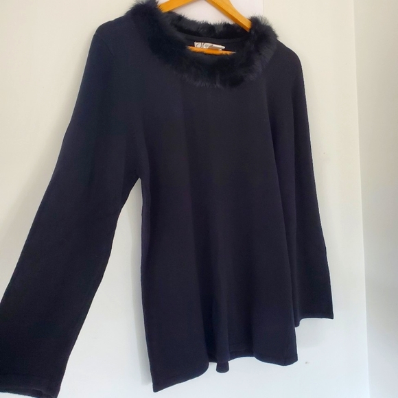 DRESS BARN Sz XL Black Rayon Knit Sweater Black Faux Fur Collar Mobwife Dressy - Picture 5 of 14